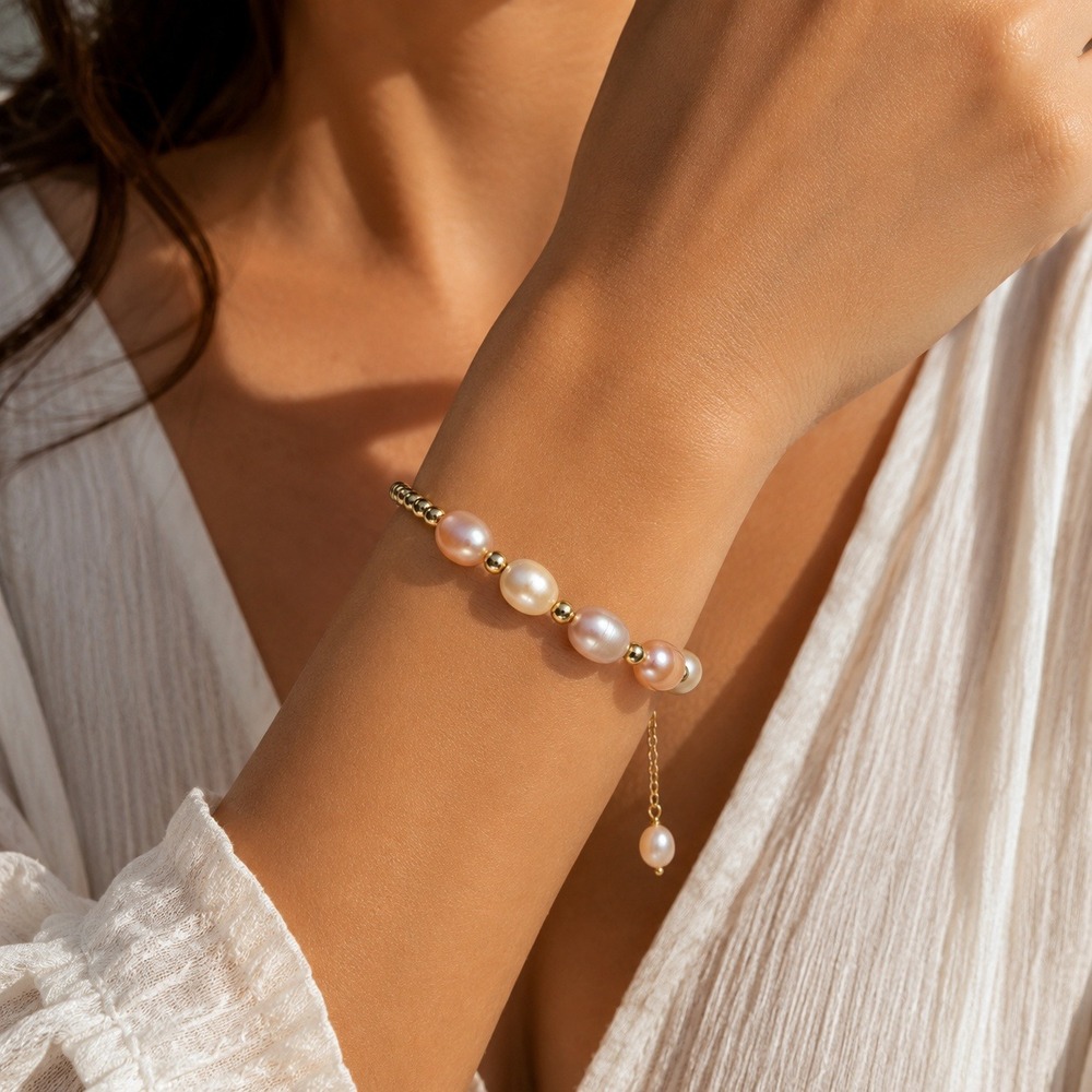 Pink Freshwater Pearl Gold Beaded Adjustable‎ Bracelet Women Dainty Jewelry